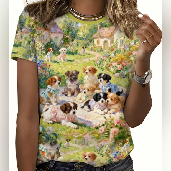 Tops - Cute Puppy Garden Print Tee in Pastel Multi